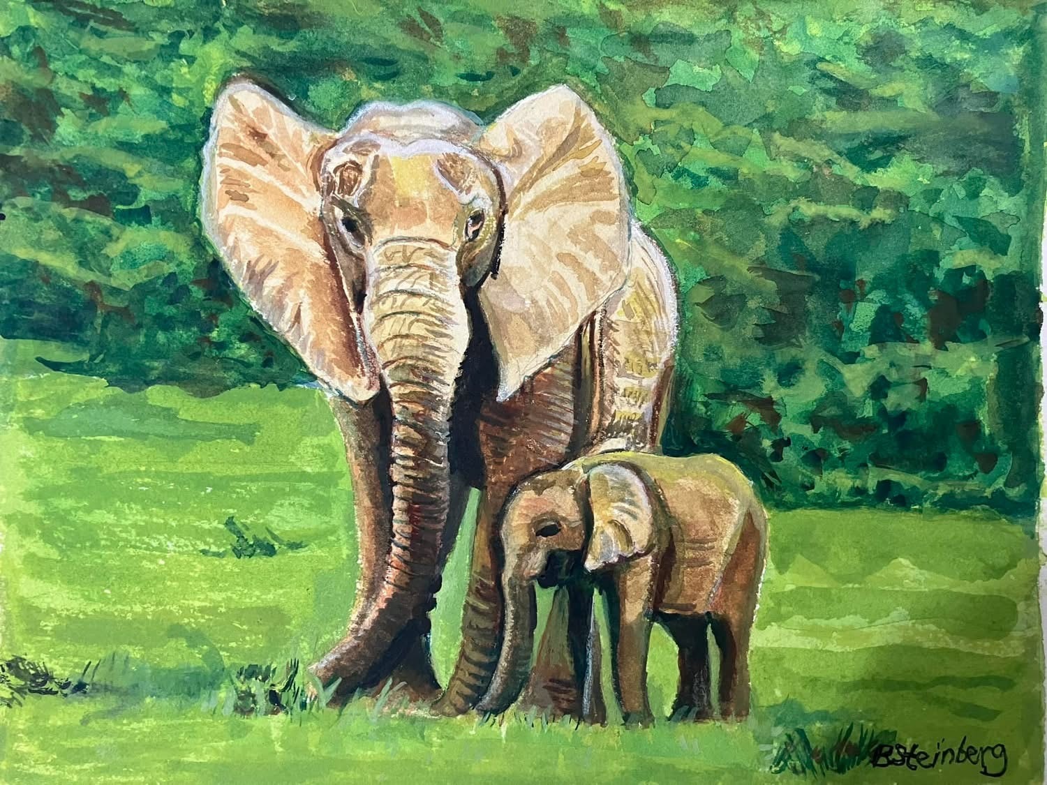 Watercolor of a mother elephant with ears spread wide standing protectively over her calf in a lush green landscape, signed B. Steinberg
