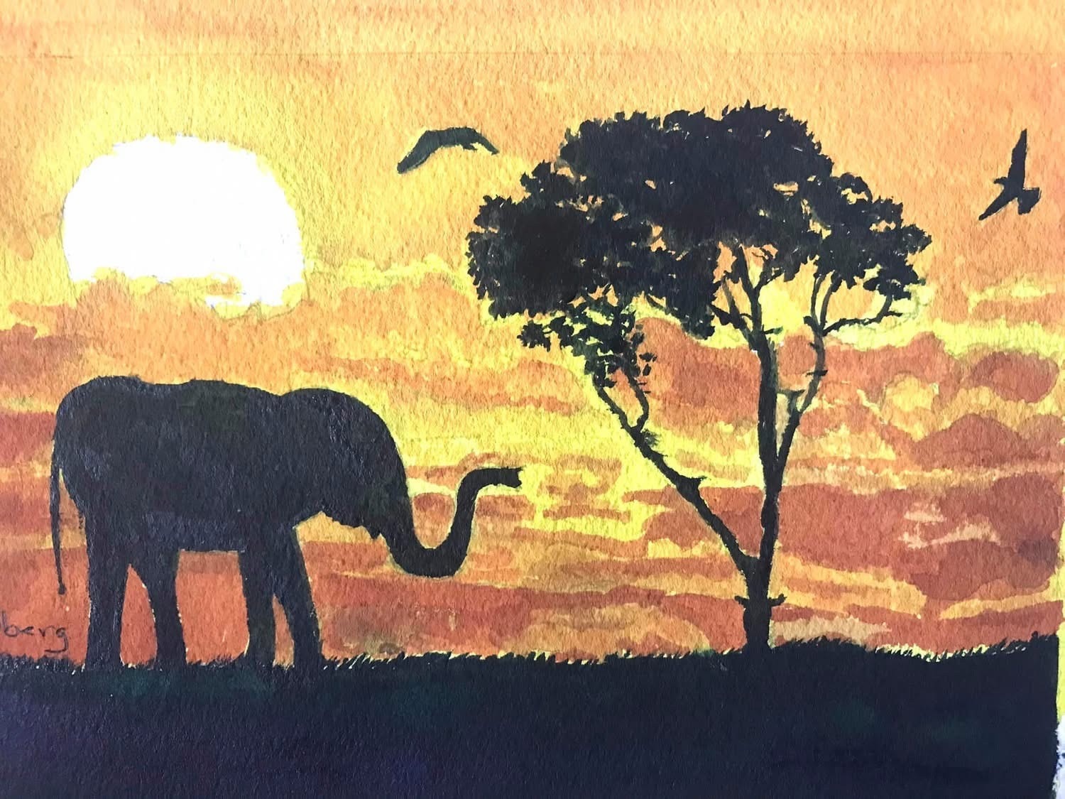 Watercolor silhouette of an elephant beneath an acacia tree at golden sunset on the African savanna