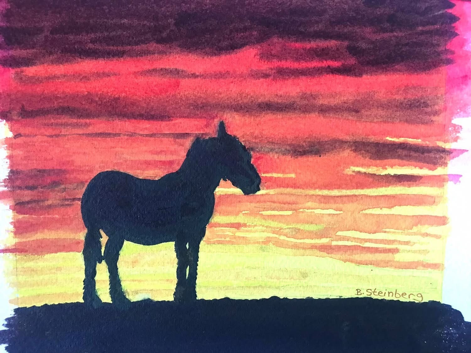 Watercolor silhouette of a horse standing against a vivid red and orange sunset sky