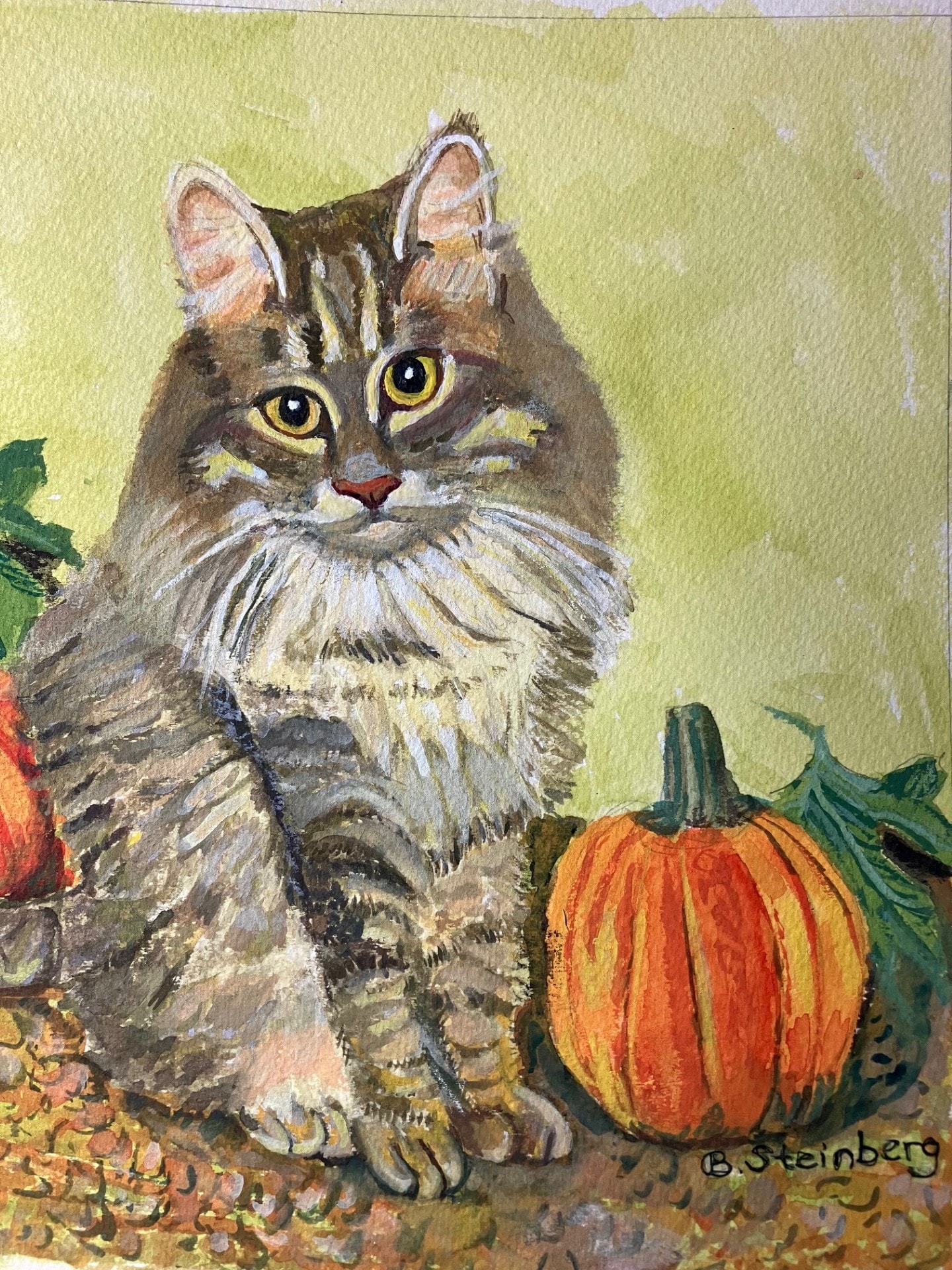 Watercolor of a fluffy tabby cat with golden eyes seated beside an orange pumpkin, signed B. Steinberg