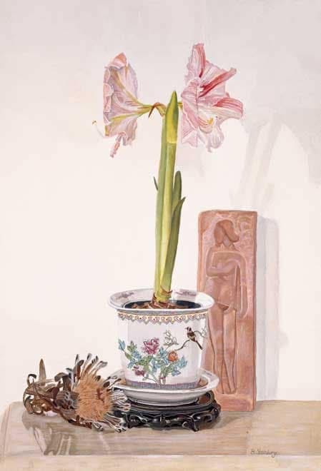 Watercolor of a pink amaryllis in a decorative porcelain pot with a terracotta relief tile and dried botanicals, signed B. Steinberg