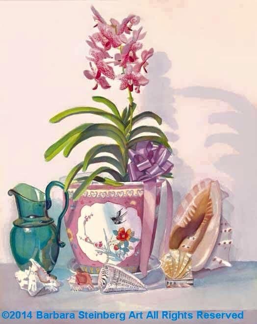 Watercolor of a pink orchid in a decorative porcelain pot with seashells and a green glass pitcher, signed Barbara Steinberg 2014