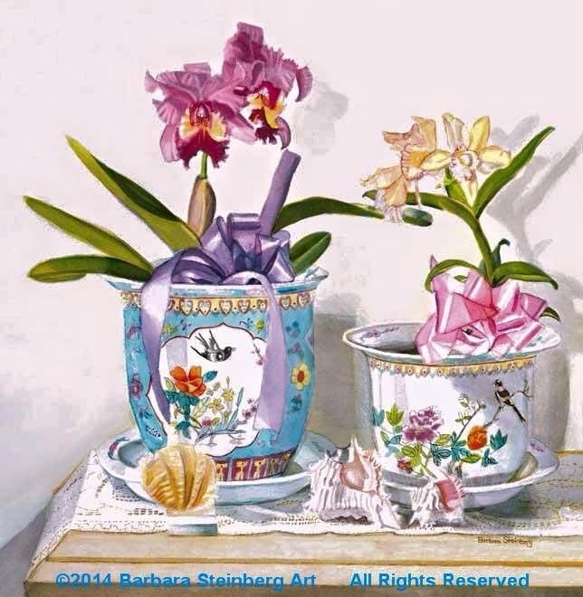 Watercolor of a pink cattleya and a peach orchid in ornate blue and white chinoiserie porcelain pots with seashells on a lace tablecloth, signed Barbara Steinberg 2014