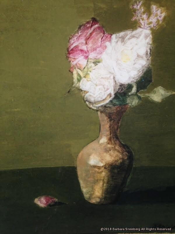 Painterly still life of pink and white roses in a bronze vase against an olive green background, signed Barbara Steinberg 2018