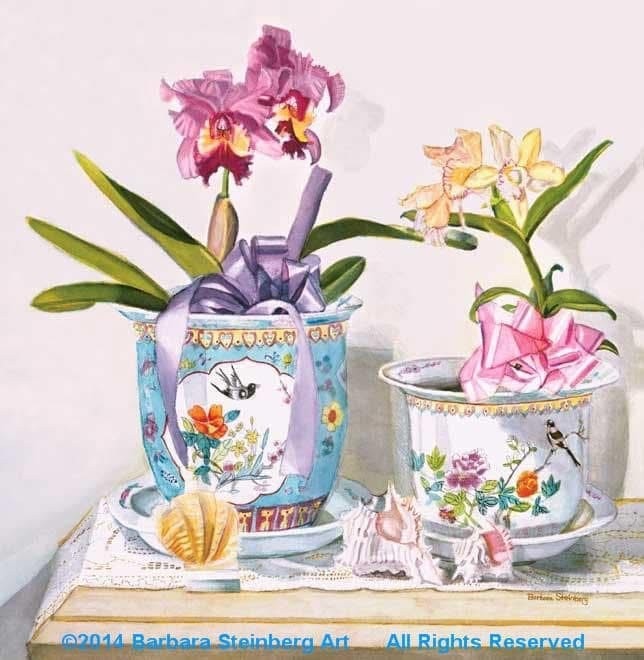 Watercolor of two cattleya orchids in blue and white porcelain pots with seashells on a lace tablecloth, signed Barbara Steinberg 2014