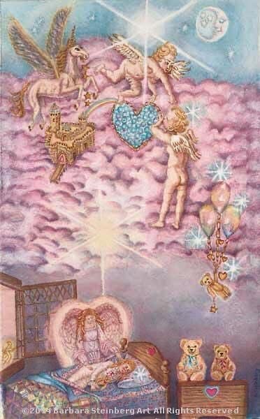 Angels and cherubs in soft pastel clouds with winged horse, castle and balloons — Barbara Steinberg