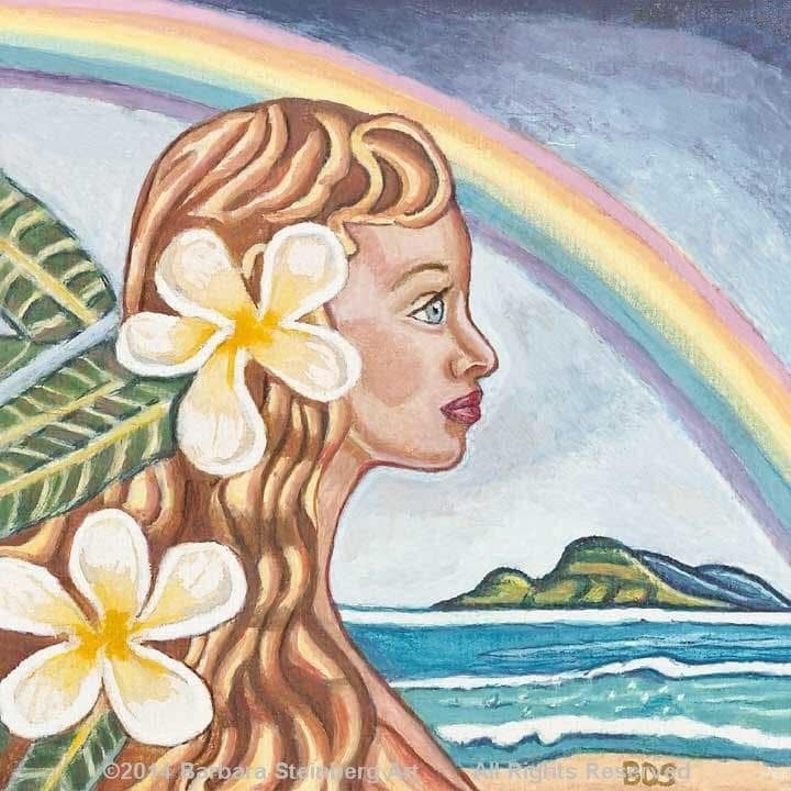 Hawaiian woman with plumeria flowers gazing at a rainbow over the ocean — Barbara Steinberg
