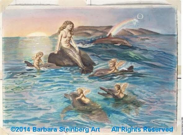 Mermaid seated on rock with cherubs riding dolphins at sunset with rainbow — Barbara Steinberg
