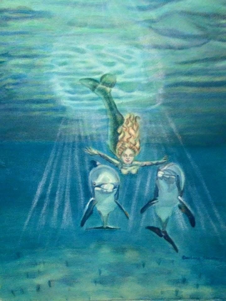 Mermaid swimming underwater with two dolphins in turquoise light rays — Barbara Steinberg