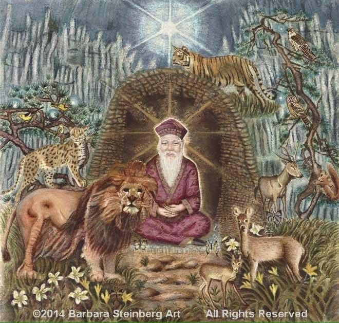 Wise sage meditating with lion, tiger, deer and birds in a spiritual forest scene — Barbara Steinberg