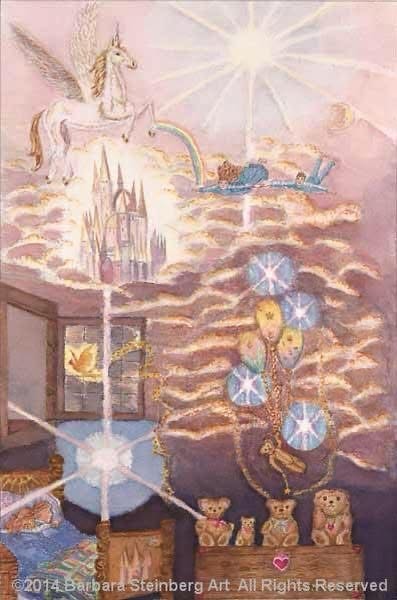 Winged horse and castle in glowing pink clouds with light beams and teddy bears — Barbara Steinberg