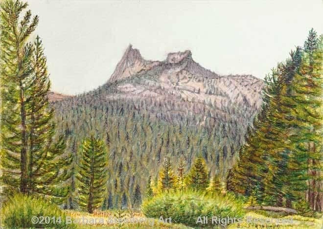 Cathedral Peak rising above a dense pine forest in Yosemite — Barbara Steinberg watercolor