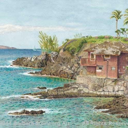 Red cliff house on rocky Maui shoreline with turquoise sea and sailboat — Barbara Steinberg
