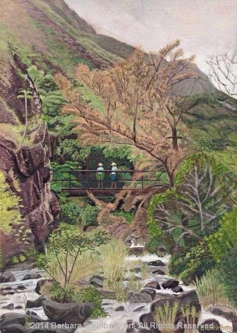 Two figures on a bridge over a rocky stream in lush Iao Valley, Maui — Barbara Steinberg watercolor