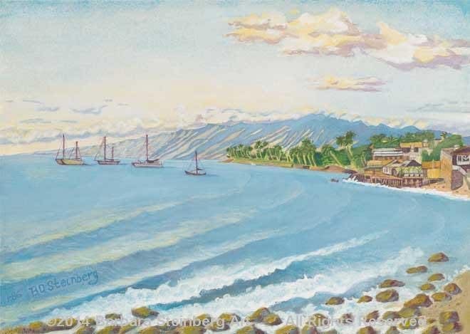 Historic Lahaina Harbor with tall-masted sailboats and Maui mountains — Barbara Steinberg watercolor