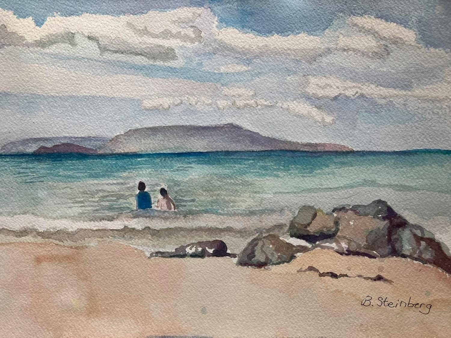 Two figures wading in calm Maui surf with rocks and distant island — Barbara Steinberg watercolor