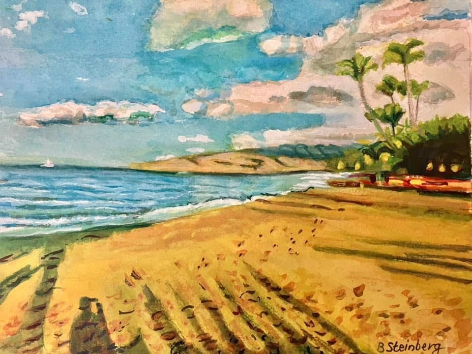Maui beach with golden sand, palm trees, and a sailboat on turquoise water — Barbara Steinberg watercolor