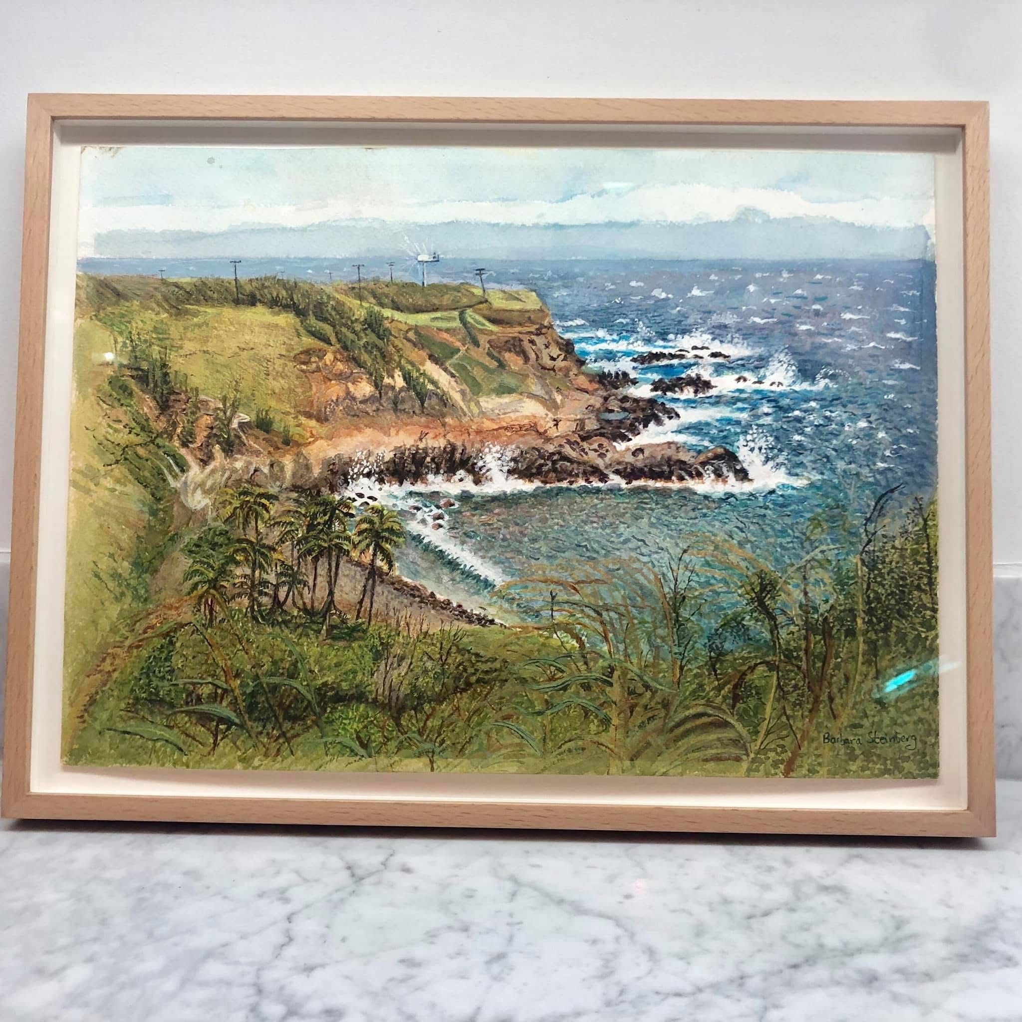 Framed original painting of Maui coastal cliffs with ocean waves and lush vegetation — Barbara Steinberg