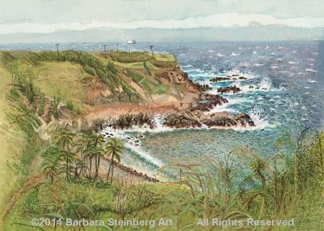 Maui coastal cliffs with crashing waves, palm trees and lighthouse — Barbara Steinberg watercolor