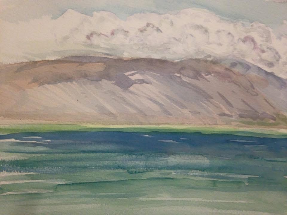 Maui ocean view with layered clouds over mountains and green shoreline — Barbara Steinberg watercolor