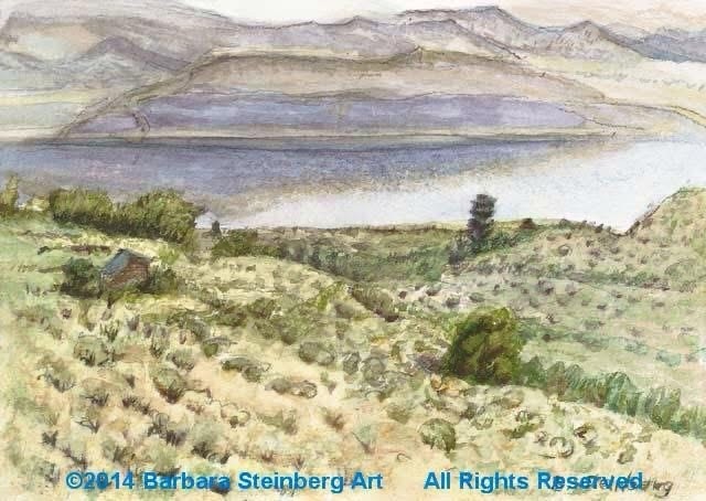Mono Lake with sage meadow, lone cabin, and purple mountain reflections — Barbara Steinberg watercolor