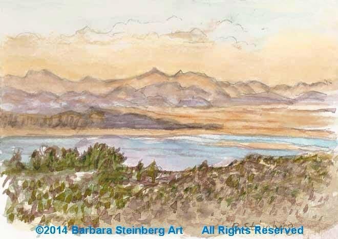 Mono Lake at golden sunset with layered mountain ranges and warm sky — Barbara Steinberg watercolor