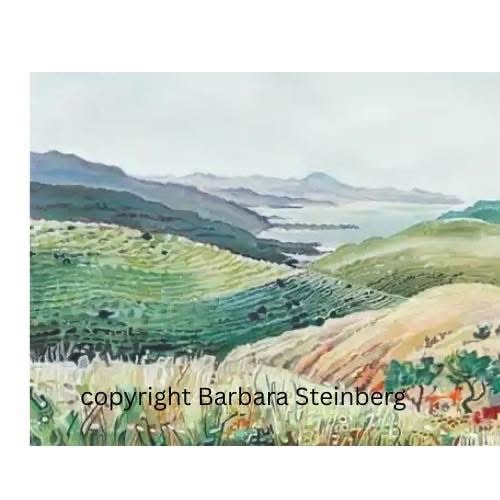 Watercolor of rolling green hills and golden fields sweeping down to a distant coastal bay — Barbara Steinberg