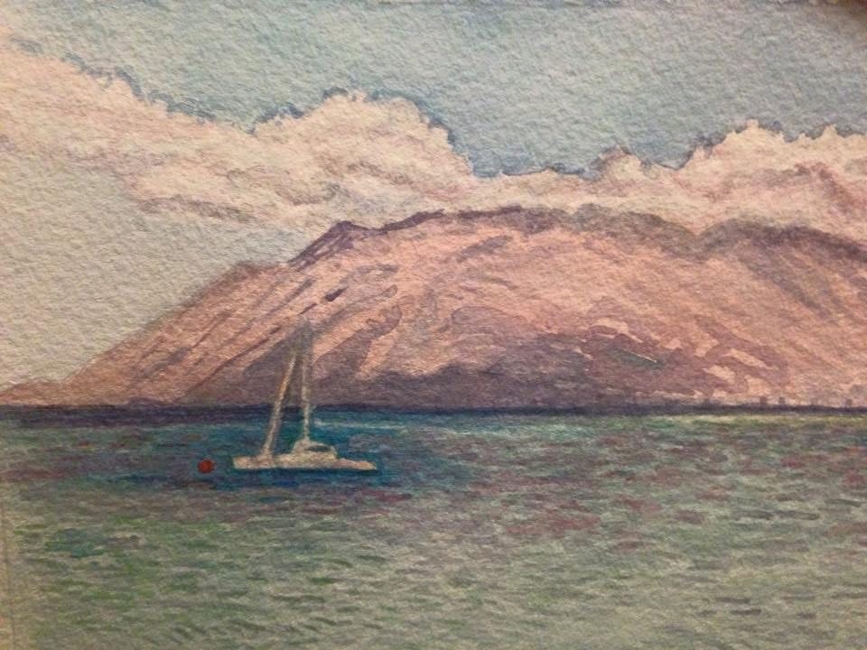 Sailboat on calm water with Maui mountains and soft clouds in the background — Barbara Steinberg watercolor