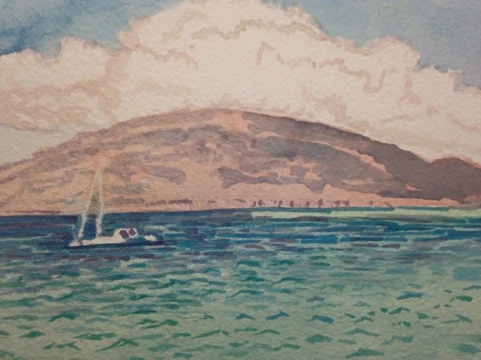 Sailboat on turquoise choppy water with Maui mountains and billowing clouds — Barbara Steinberg watercolor