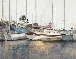 Sailboats moored in a quiet harbor with masts reflected in still water — Barbara Steinberg watercolor