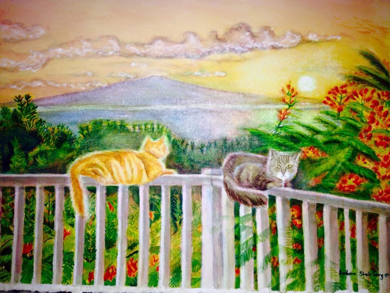 Two cats lounging on a lanai railing overlooking Maui mountains at golden sunset — Barbara Steinberg