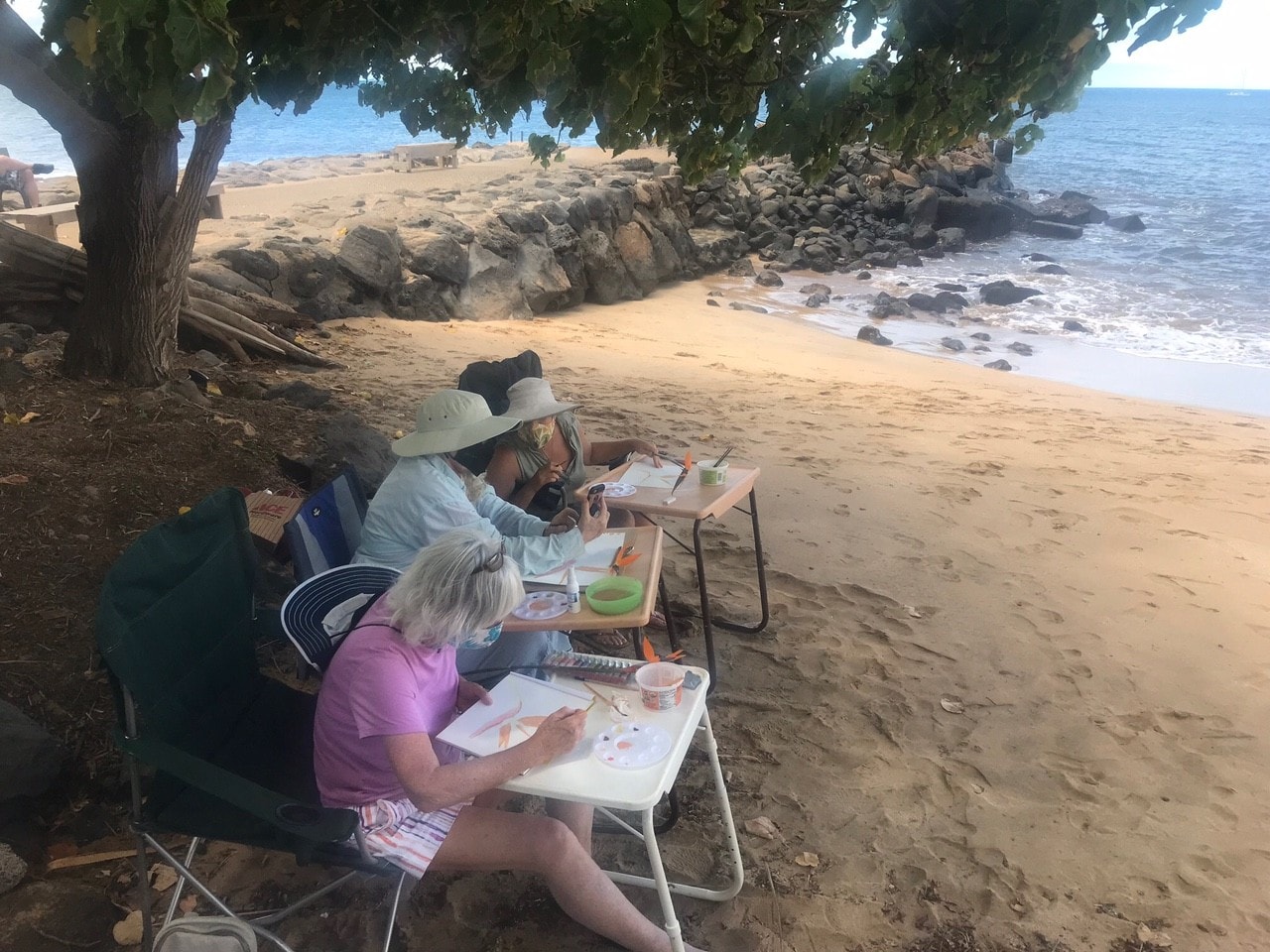 Adult watercolor class painting en plein air on a Maui beach under a shady tree