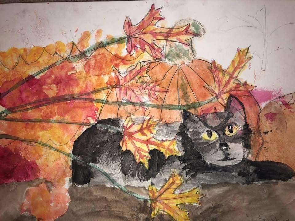 Gray cat among autumn leaves and pumpkins — watercolor by student