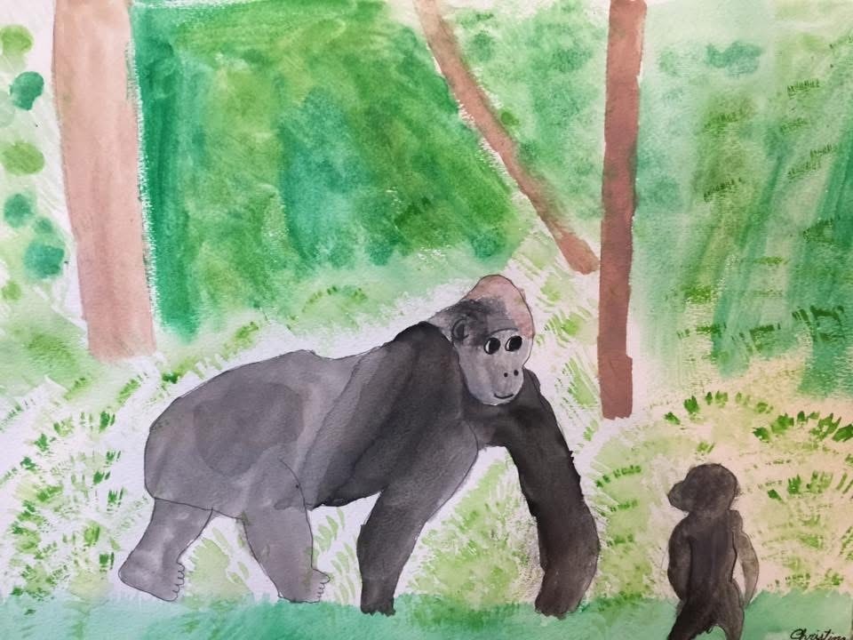 Gorilla and baby gorilla in a lush green forest — watercolor by student Christina