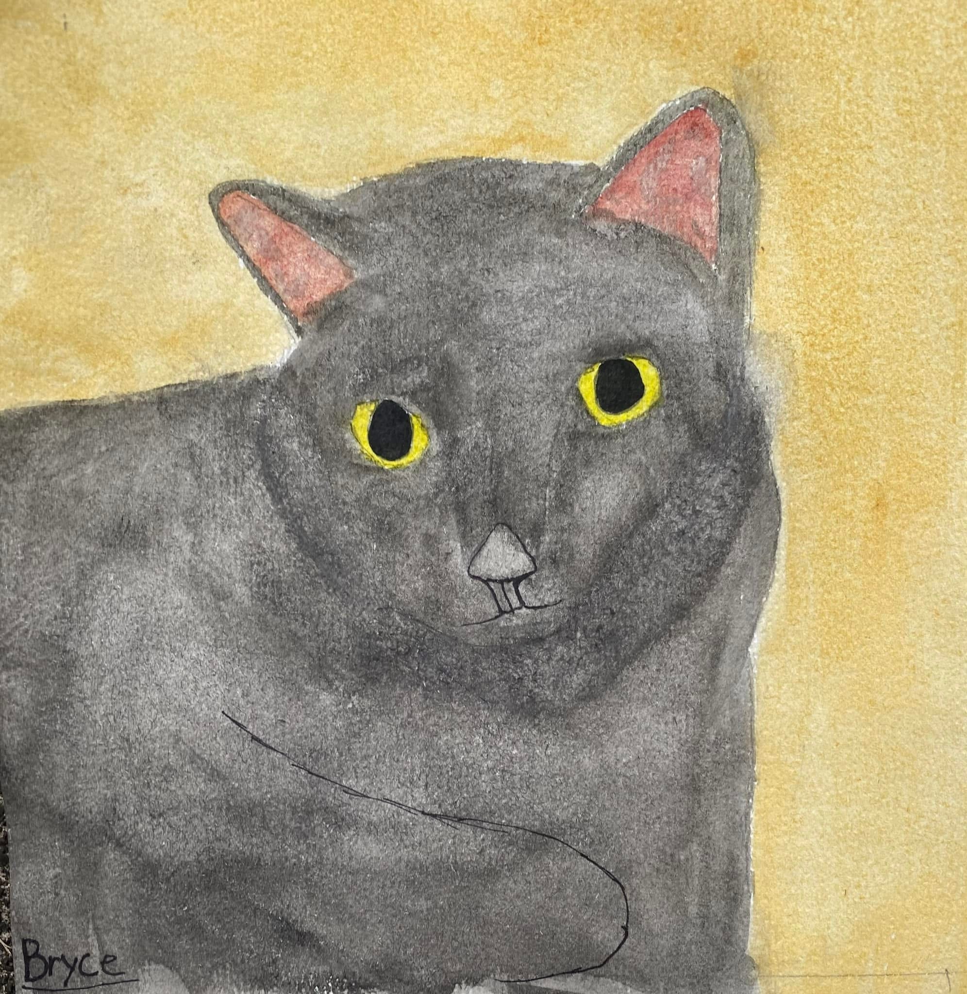 Gray cat with yellow eyes on a golden background — watercolor by student Bryce