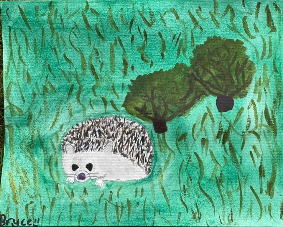 Hedgehog in teal grass with a small tree — watercolor by student Bryce