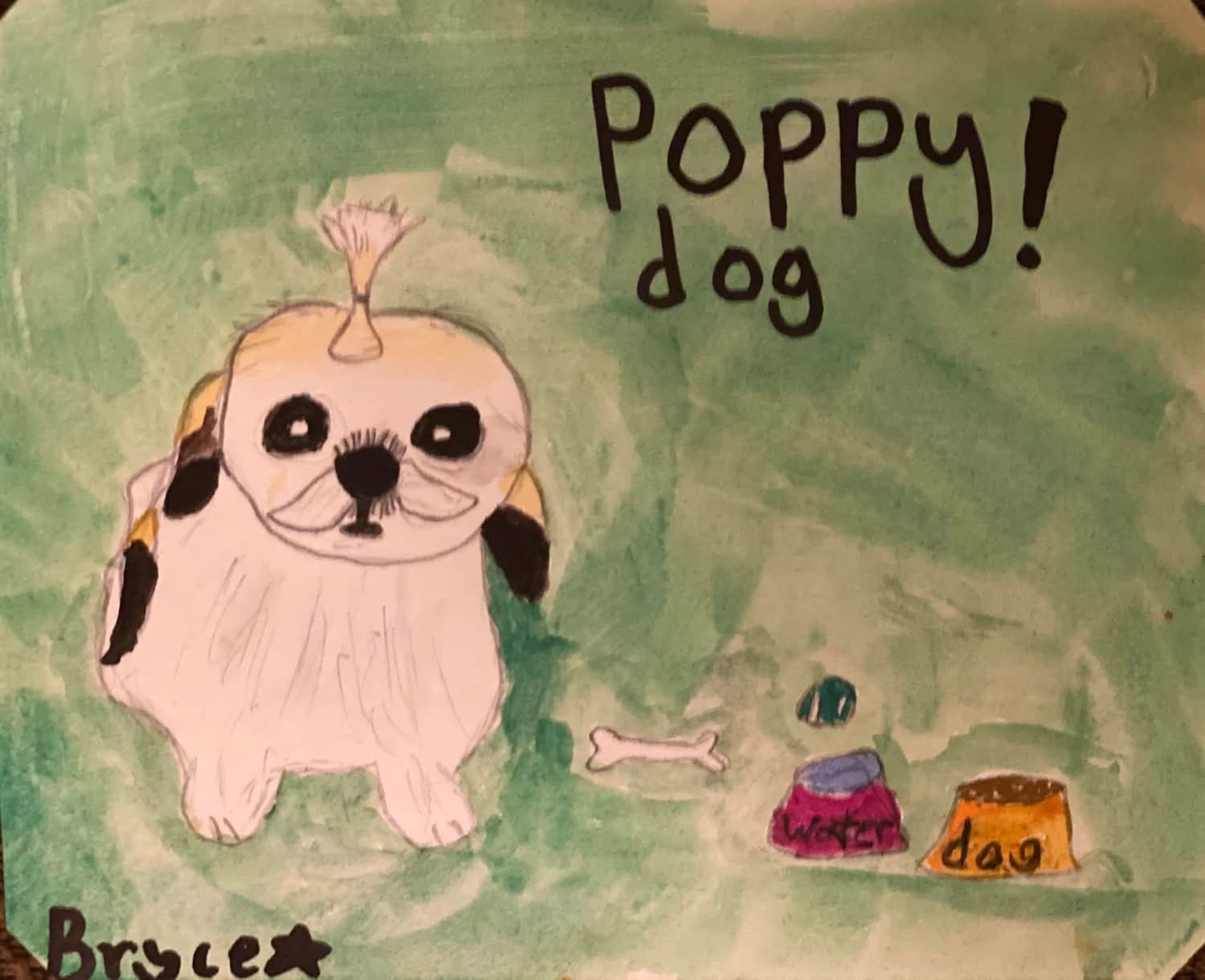 Poppy the dog with food bowls — watercolor by student Bryce