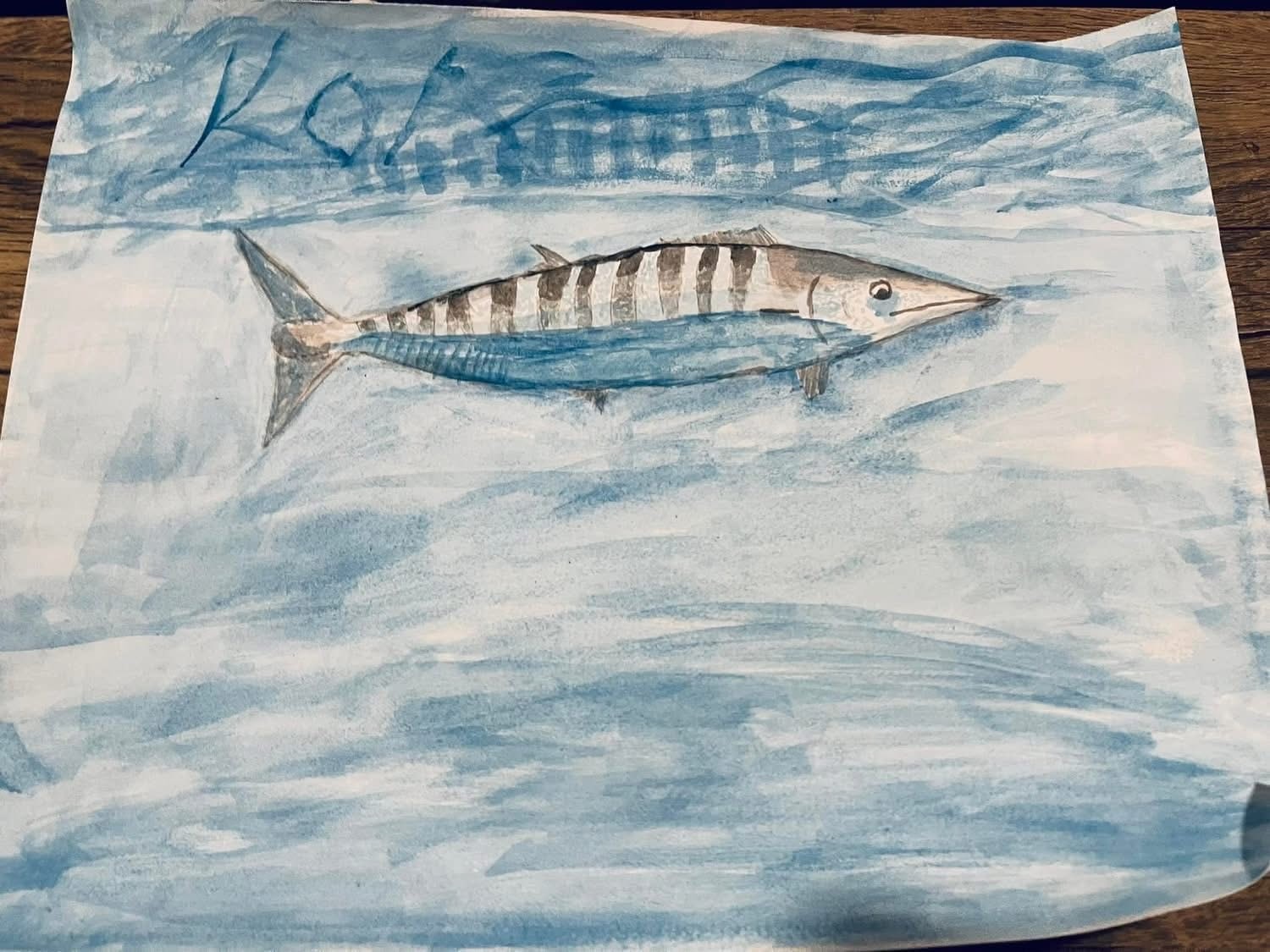 Wahoo fish in ocean waves — watercolor by student