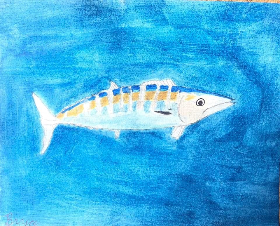 Wahoo fish with blue and gold markings in ocean water — watercolor by student Bryce